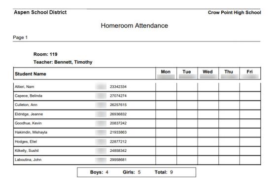 Homeroom Attendance report output.
