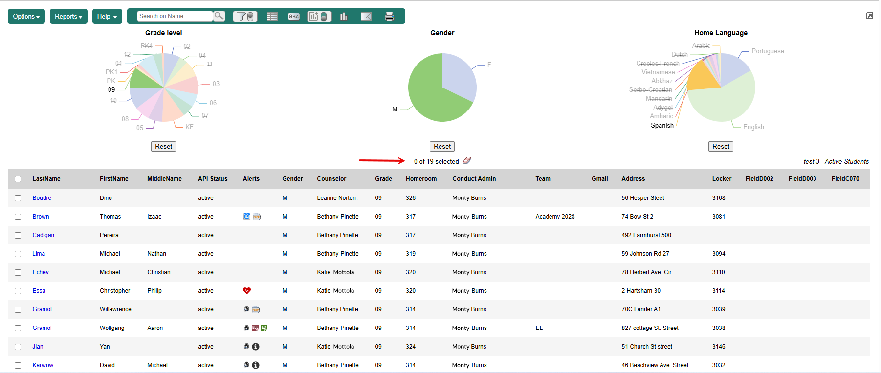 Student List showing 19 student who meet all 3 criteria
