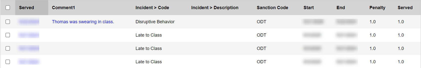 List of detention dates served