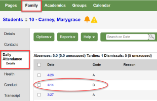 Family tab, Daily Attendance side-tab, and date selected