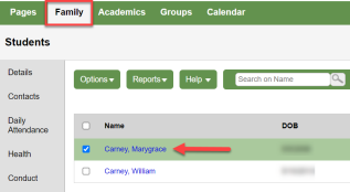 Family tab and student selected