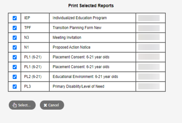 Print Selected Reports pop-up
