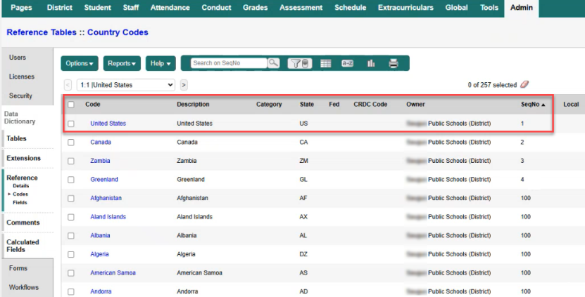 Reference codes with Sequence number highlighted